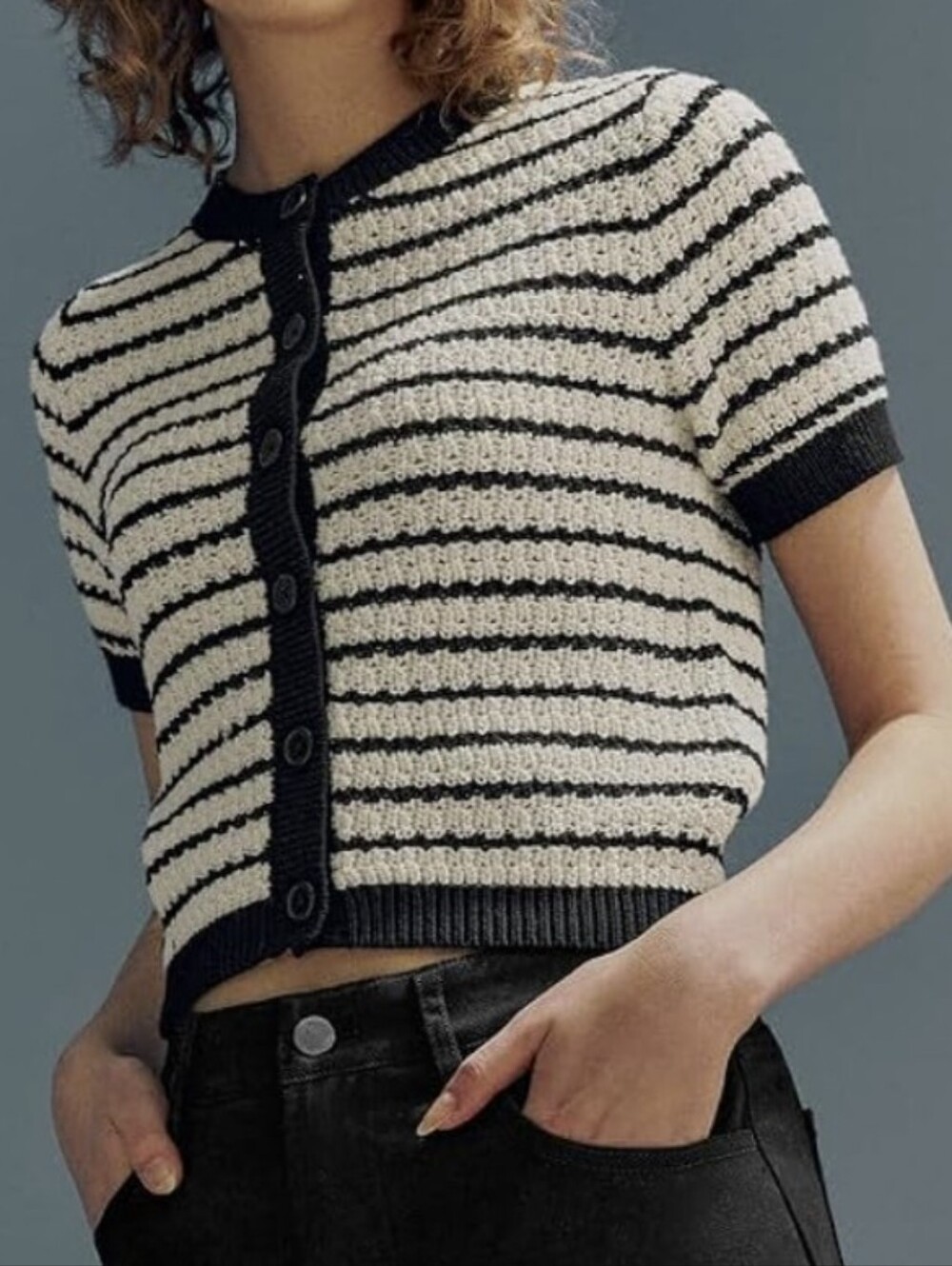 Pinch Black & Cream Striped Short-Sleeve Cardigan...Size:S